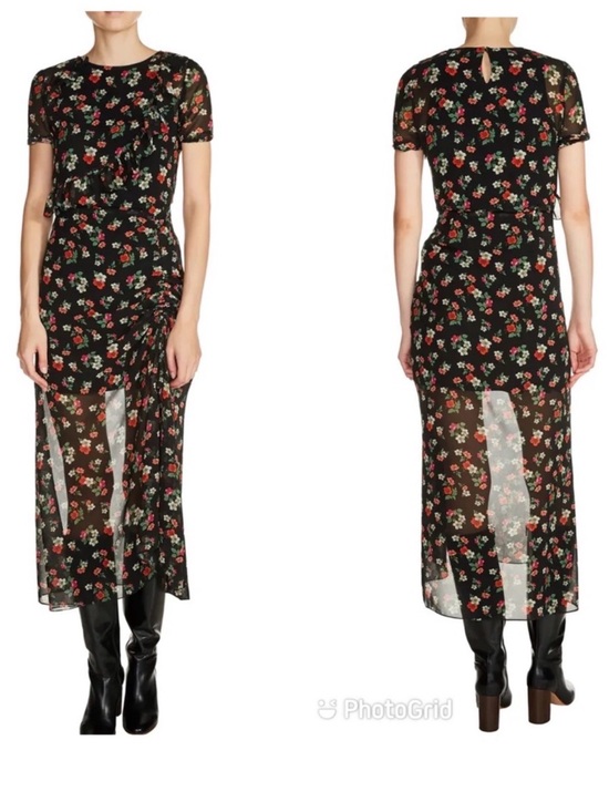 Maje Dresses & Skirts - Maje M Rancho Floral Chiffon Ruched Ruffle Midi Dress Sz 2 , Medium